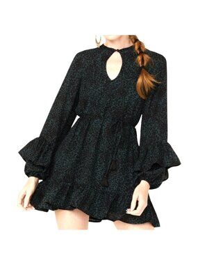 Shyanne Mini Dress Size Medium Animal Print Tassel Tie Waist Ruffle Sleeve Green